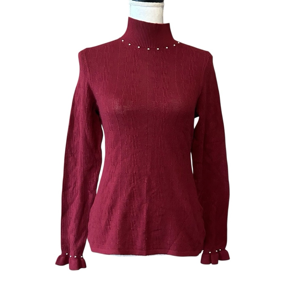 NWT Belldini Mock Neck Pointelle and Metal Stud Detail Sweater SZ M in Cranberry